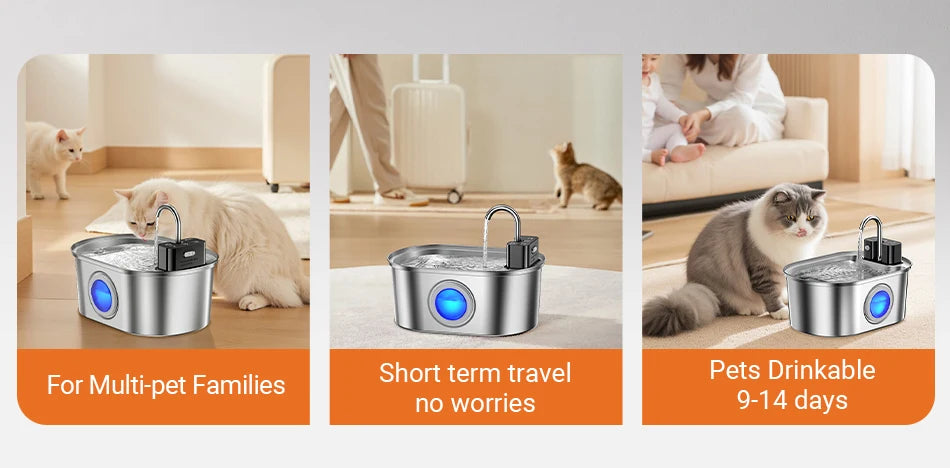 Stainless Steel Smart Pet Water Fountain with 4000mAh Battery & Sensor