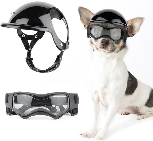 Dog Motorcycle Helmet & Goggles Set - Adjustable Safety Gear for Small Dogs