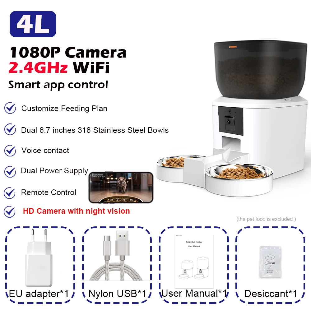 Automatic Pet Feeder with 1080p Camera, Voice Recorder & Remote Control