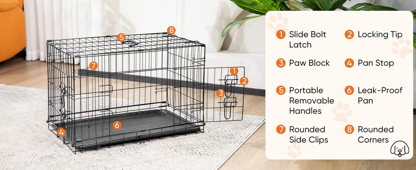 Folding Metal Wire Dog Crate with Leak-Proof Tray | Double Door