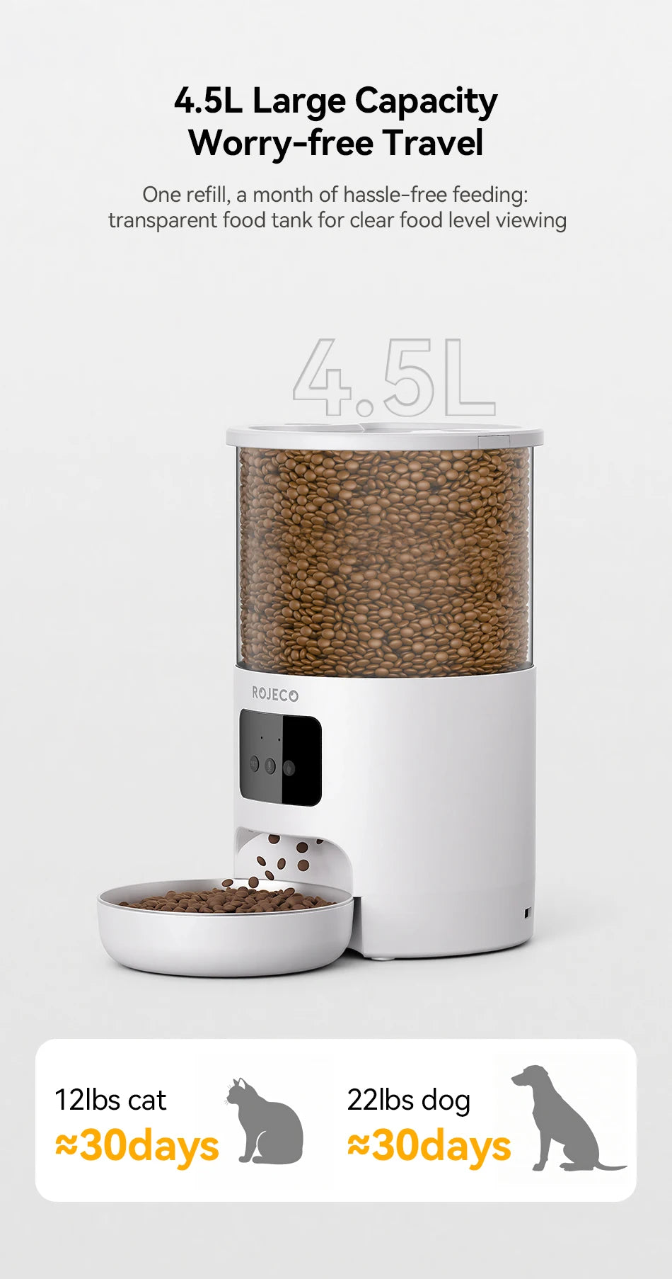 Distributeur automatique intelligent pour animaux de compagnie en acier inoxydable de 4,5 L avec Wi-Fi et enregistrement vocal
