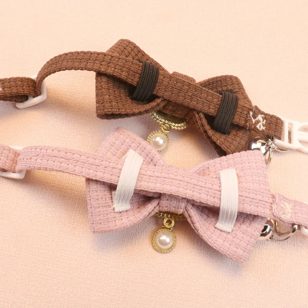 Waffle Bow & Pearl Pendant Cat Collar with Bell