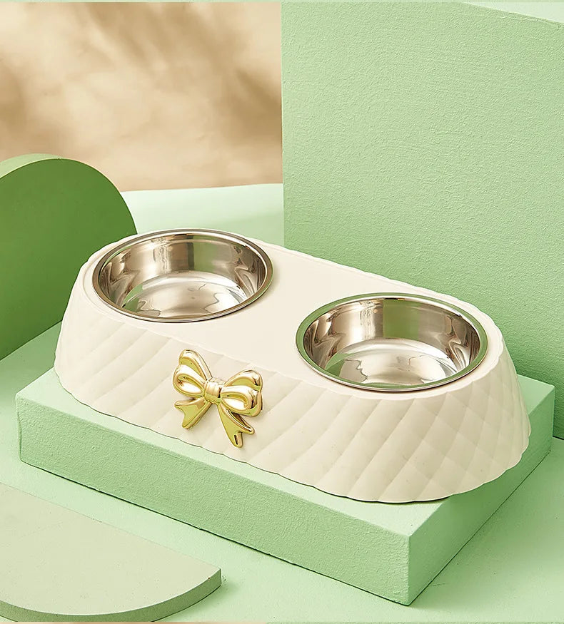 Bow-Tie Double Pet Bowl – Stainless Steel Inserts with PP Stand, for Cats & Dogs