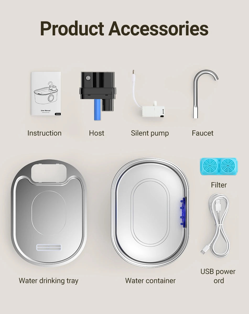 Stainless Steel Smart Pet Water Fountain with 4000mAh Battery & Sensor