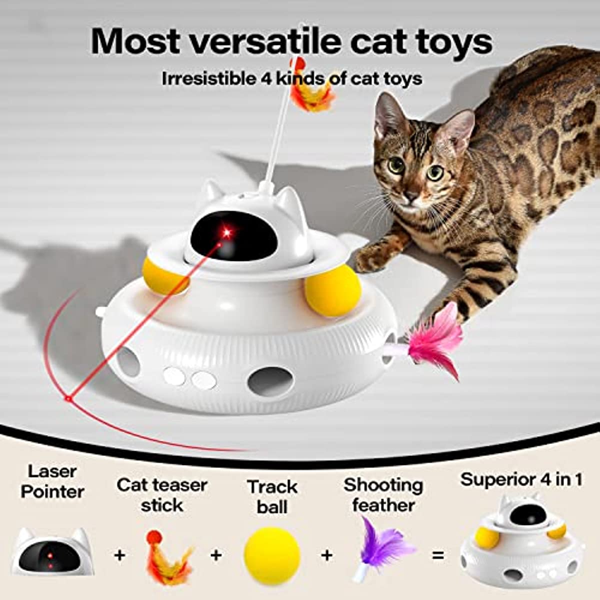 Jouet interactif pour chat 4 en 1, rechargeable par USB, avec plumeau et balle
