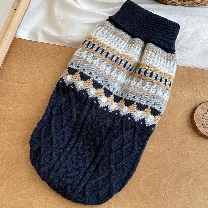 Vintage Print Dog Sweater for Small & Medium Dogs — Navy, Blue & Beige