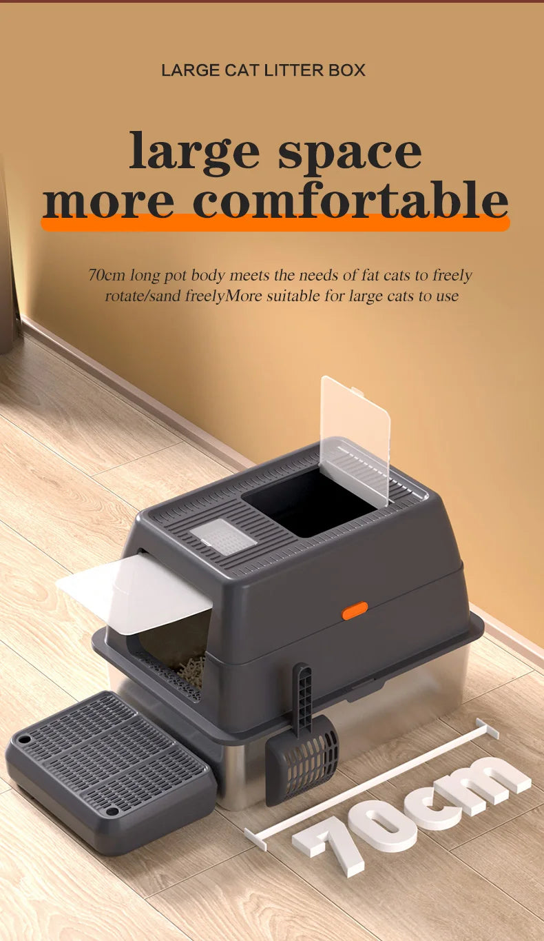 Extra Large Enclosed Stainless Steel Cat Litter Box with Lid