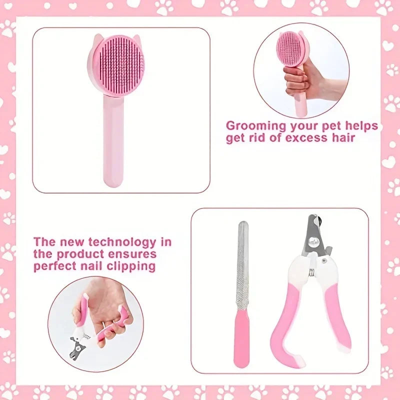 8-Piece Pet Grooming Kit — Self-Cleaning Brush, Nail Clippers, Flea Comb & Bath Brush for Cats & Dogs