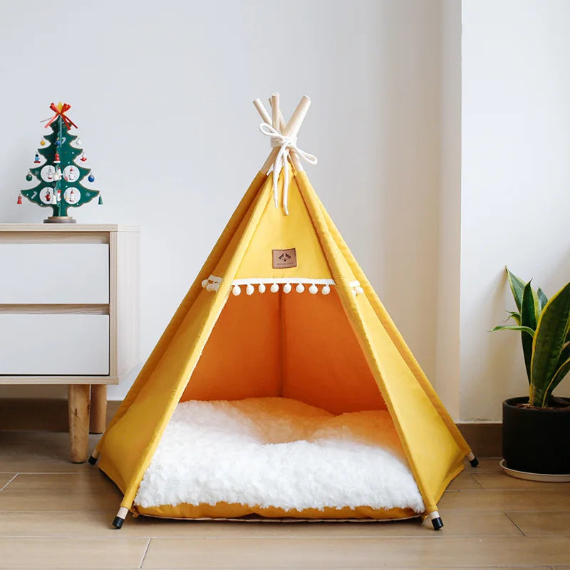 Indoor Pet Teepee Tent Bed with Thick Cushion – Canvas, Washable