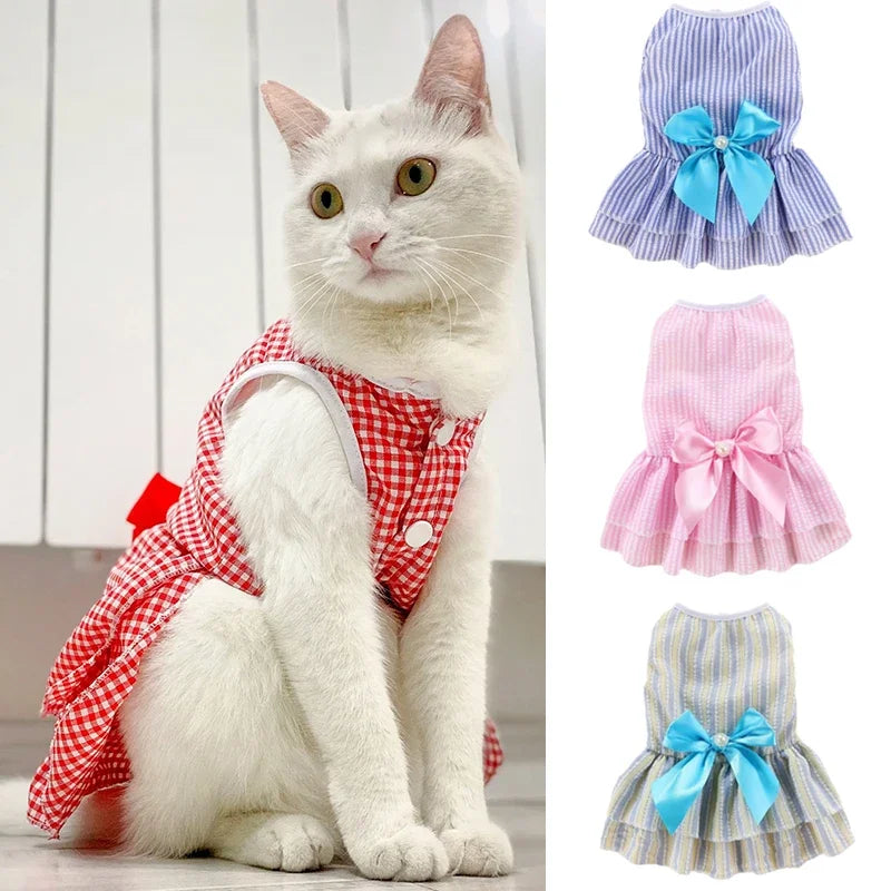 Robe de princesse pour animaux de compagnie - Robe d'été à rayures et carreaux avec nœud pour chats et petits chiens