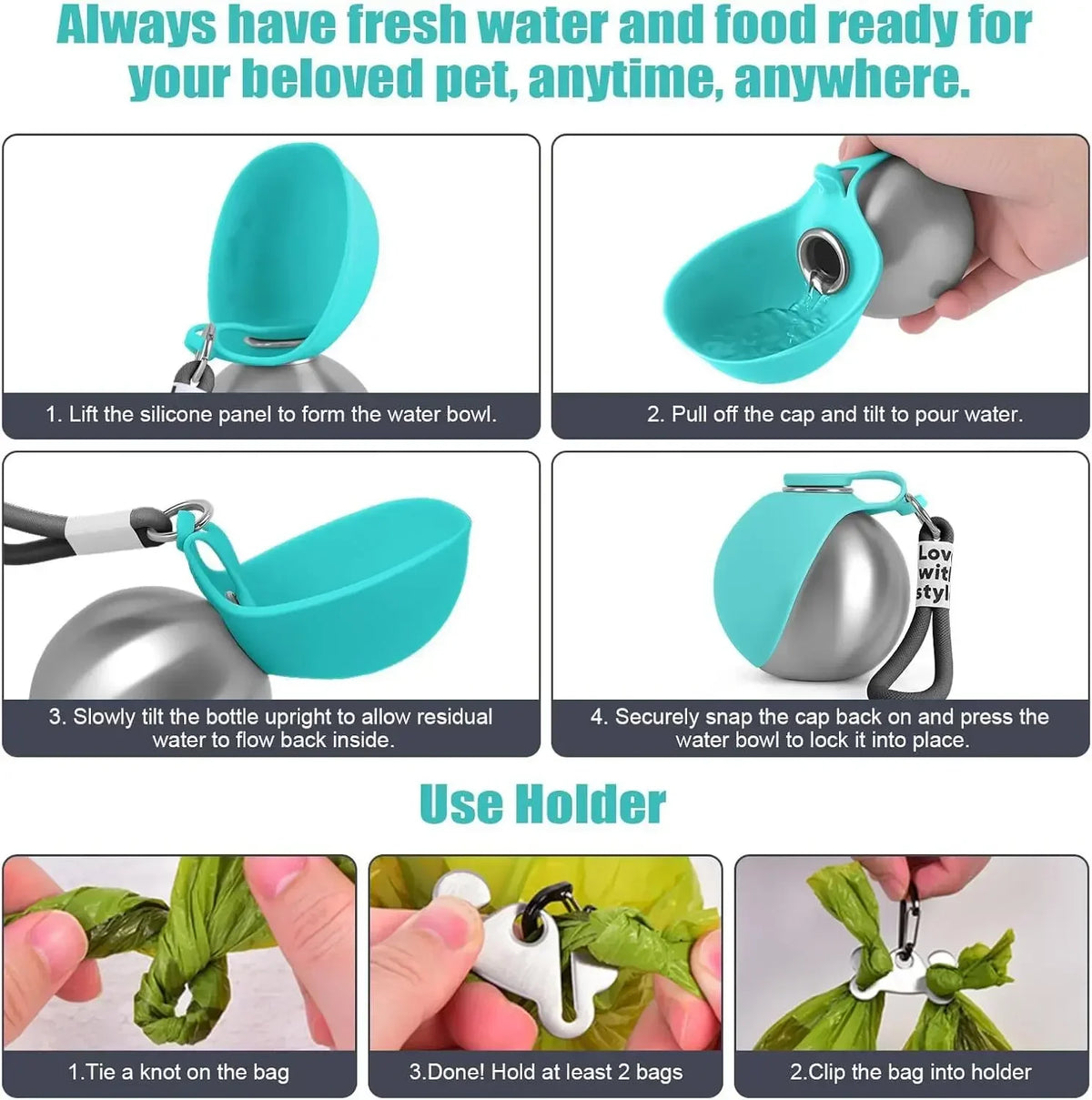 2-in-1 Stainless Steel Dog Water Bottle with Collapsible Bowl & Ball Valve — 285ml