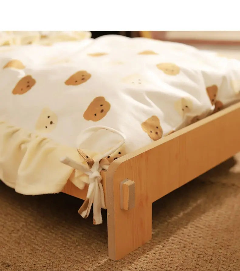 Solid Wood Pet Bed with Removable Washable Mat – All-Season Cat & Dog House