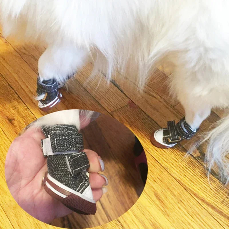 Anti-Slip Dog Shoes & Breathable Canvas Booties – Set of 4