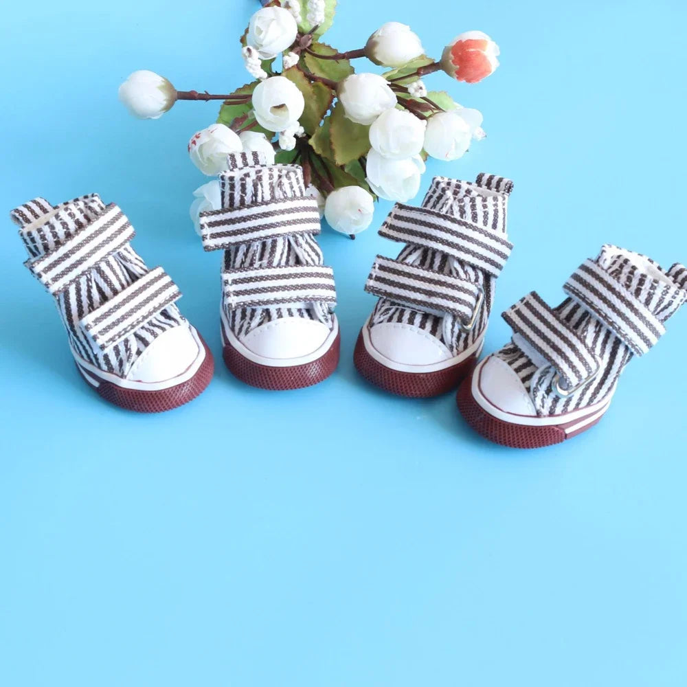 Anti-Slip Dog Shoes & Breathable Canvas Booties – Set of 4