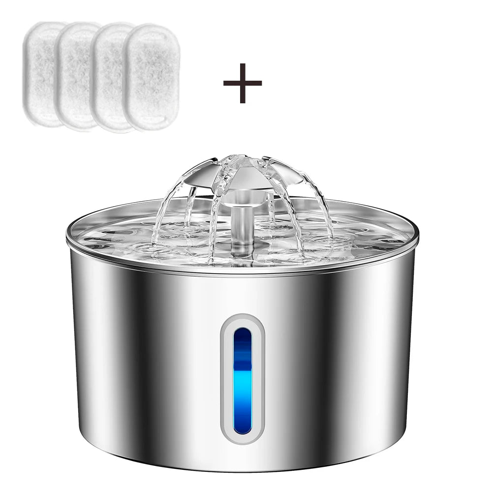 Distributeur d'eau pour animaux de compagnie en acier inoxydable de 2,2 L avec double mode de sortie et conception de sortie de fleur pour que les animaux apprécient davantage de boire de l'eau
