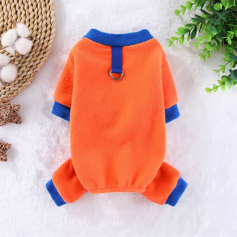 Fleece Dog Jumpsuit Hoodie with Leash Ring — Warm Winter Coat for Dogs & Cats