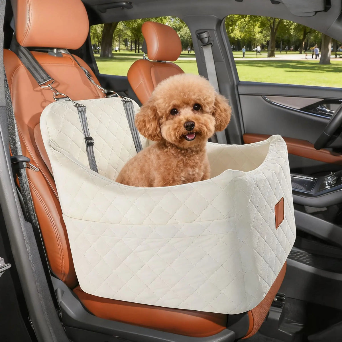 Elevated Memory Foam Dog Car Booster Seat with Storage Pockets