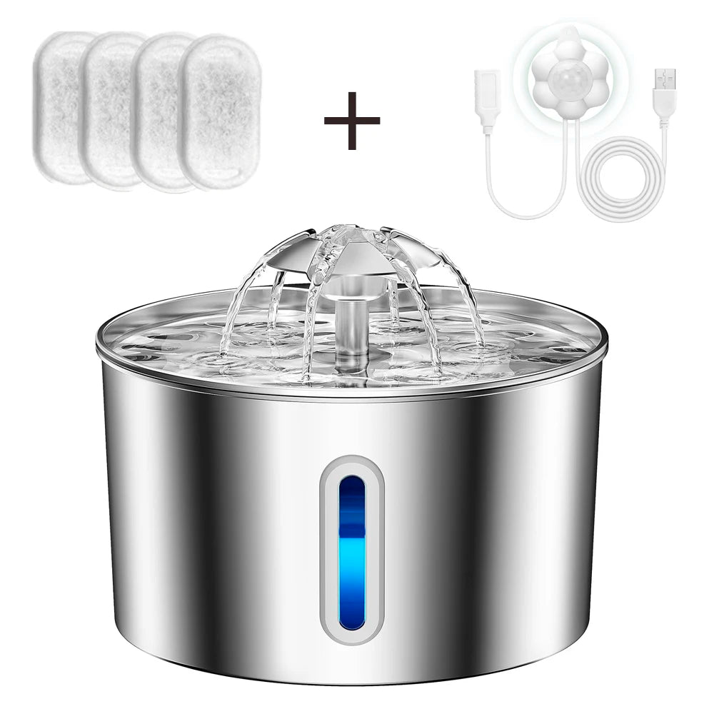 Distributeur d'eau pour animaux de compagnie en acier inoxydable de 2,2 L avec double mode de sortie et conception de sortie de fleur pour que les animaux apprécient davantage de boire de l'eau