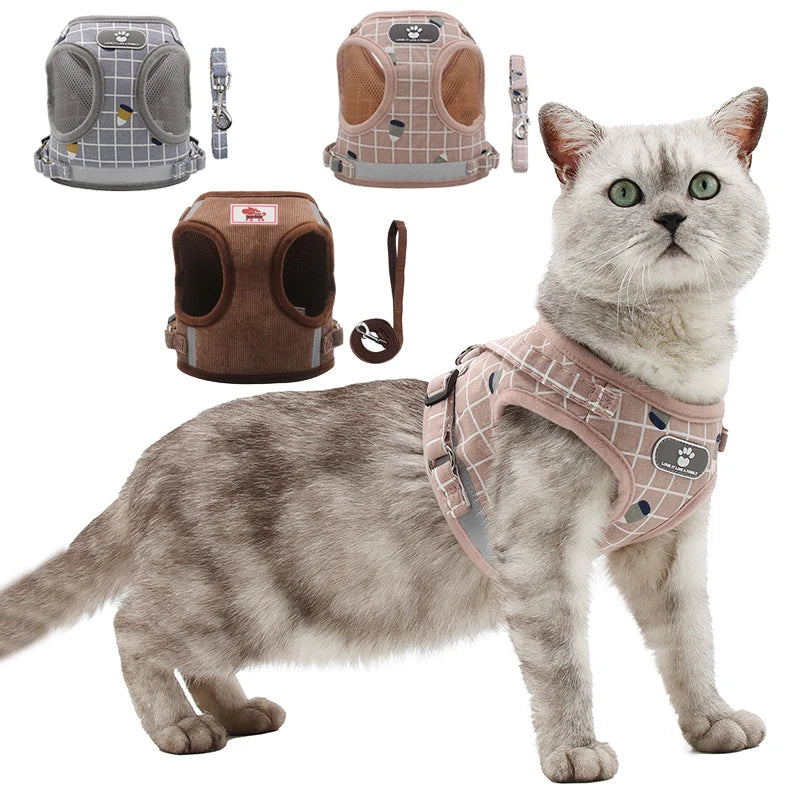 Adjustable Mesh & Plaid Cat Harness and Leash Set