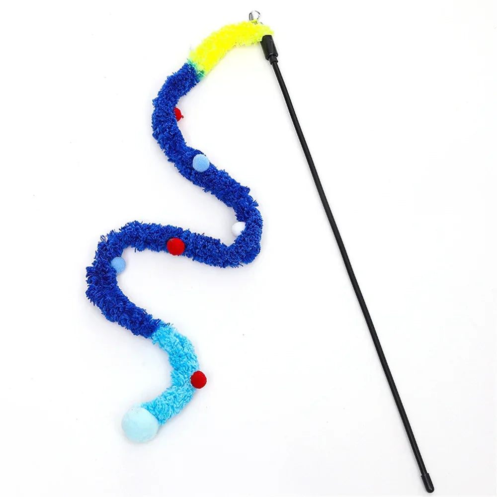 Rainbow Caterpillar Cat Wand Toy with Bell – Interactive Feather Stick