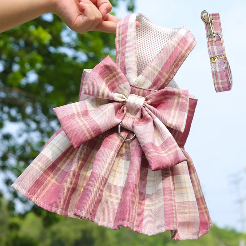 Plaid Bow Dress & Leash Set for Cats and Small Dogs