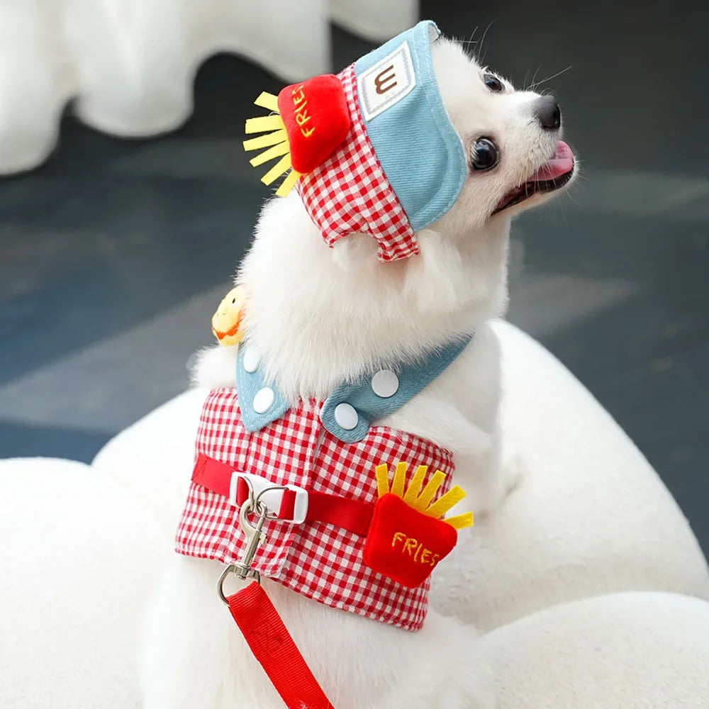 3-Piece Cartoon Pet Harness, Leash & Sun Hat Set – Vest Harness Costume for Cats & Small Dogs