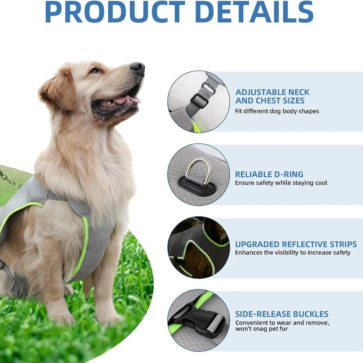 2-in-1 Dog Cooling Harness Vest with Ice Gel Pack & Reflective Strips