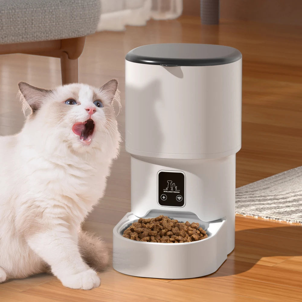 Distributeur intelligent pour chats Tuya WiFi grande capacité 4L, permet de programmer des repas chronométrés et quantitatifs, convient aux gamelles pour chats et chiens