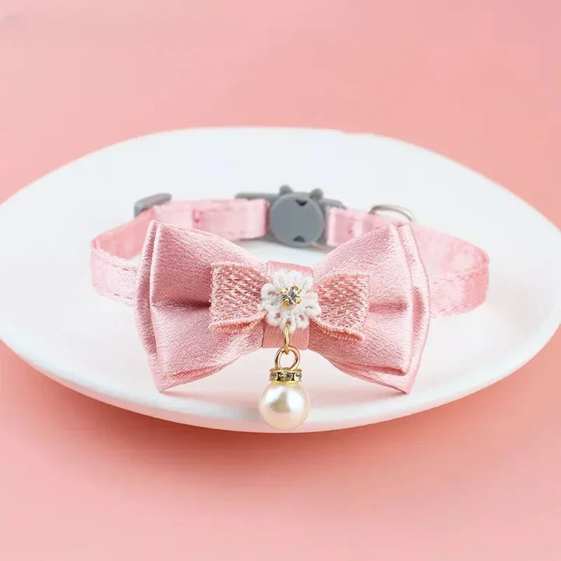 Pink Lace Bow Pet Collar with Bell for Cats and Small Dogs