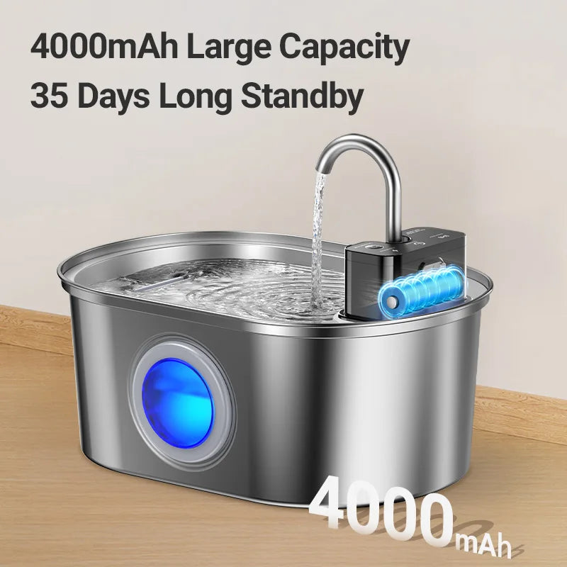 Stainless Steel Smart Pet Water Fountain with 4000mAh Battery & Sensor