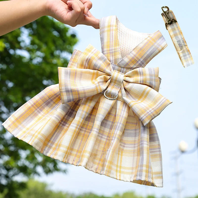 Plaid Bow Dress & Leash Set for Cats and Small Dogs