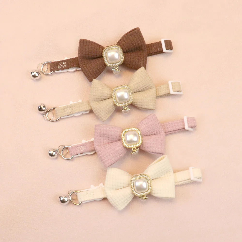 Waffle Bow & Pearl Pendant Cat Collar with Bell