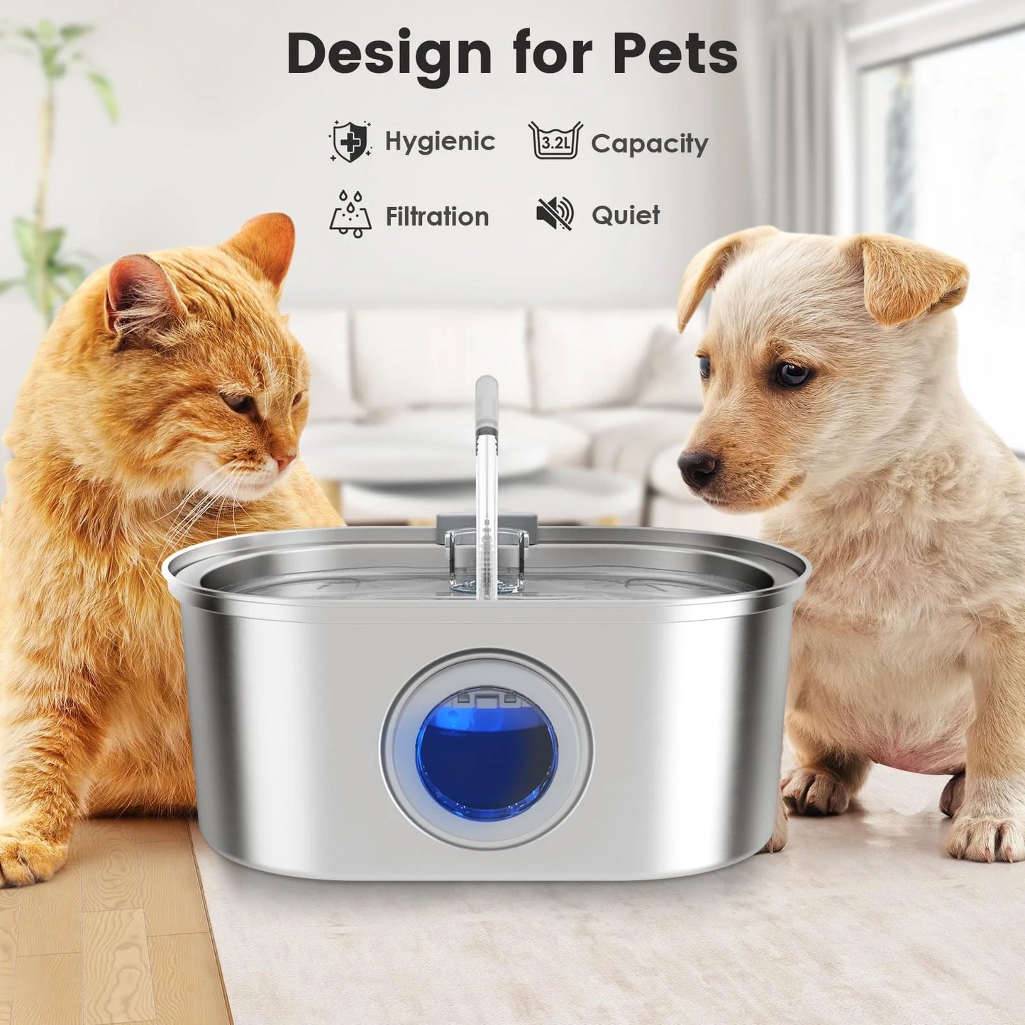 3.2L Stainless Steel Pet Water Fountain with Visible Water Level Window