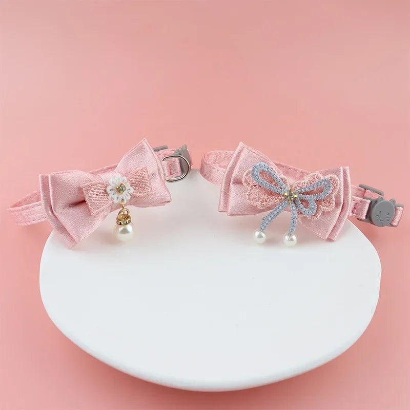 Pink Lace Bow Pet Collar with Bell for Cats and Small Dogs