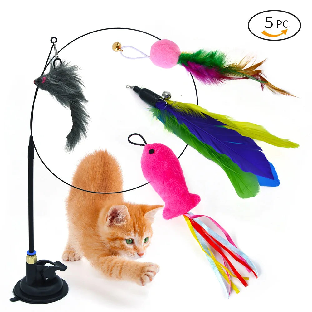 Hands-Free Suction Cup Cat Toy - Interactive Feather Wand Set