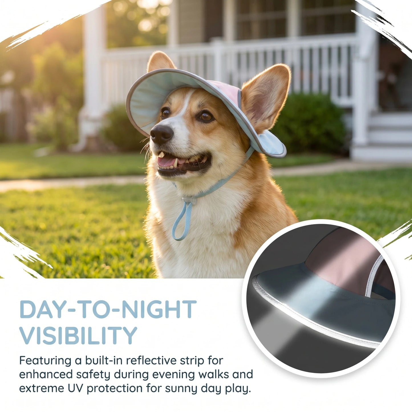 Reflective Wide Brim Bucket Sun Hat with Ear Holes for Dogs & Cats