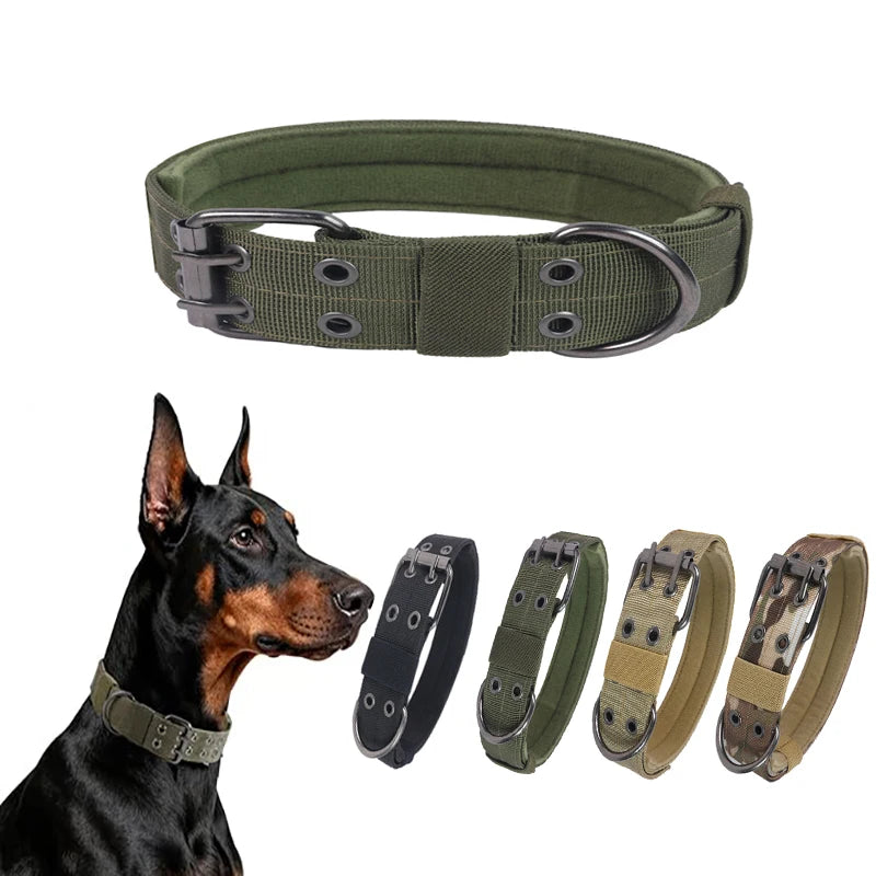 Military Dog Collar with Metal D-Ring & Buckle — Adjustable Working Collar for Medium & Large Dogs
