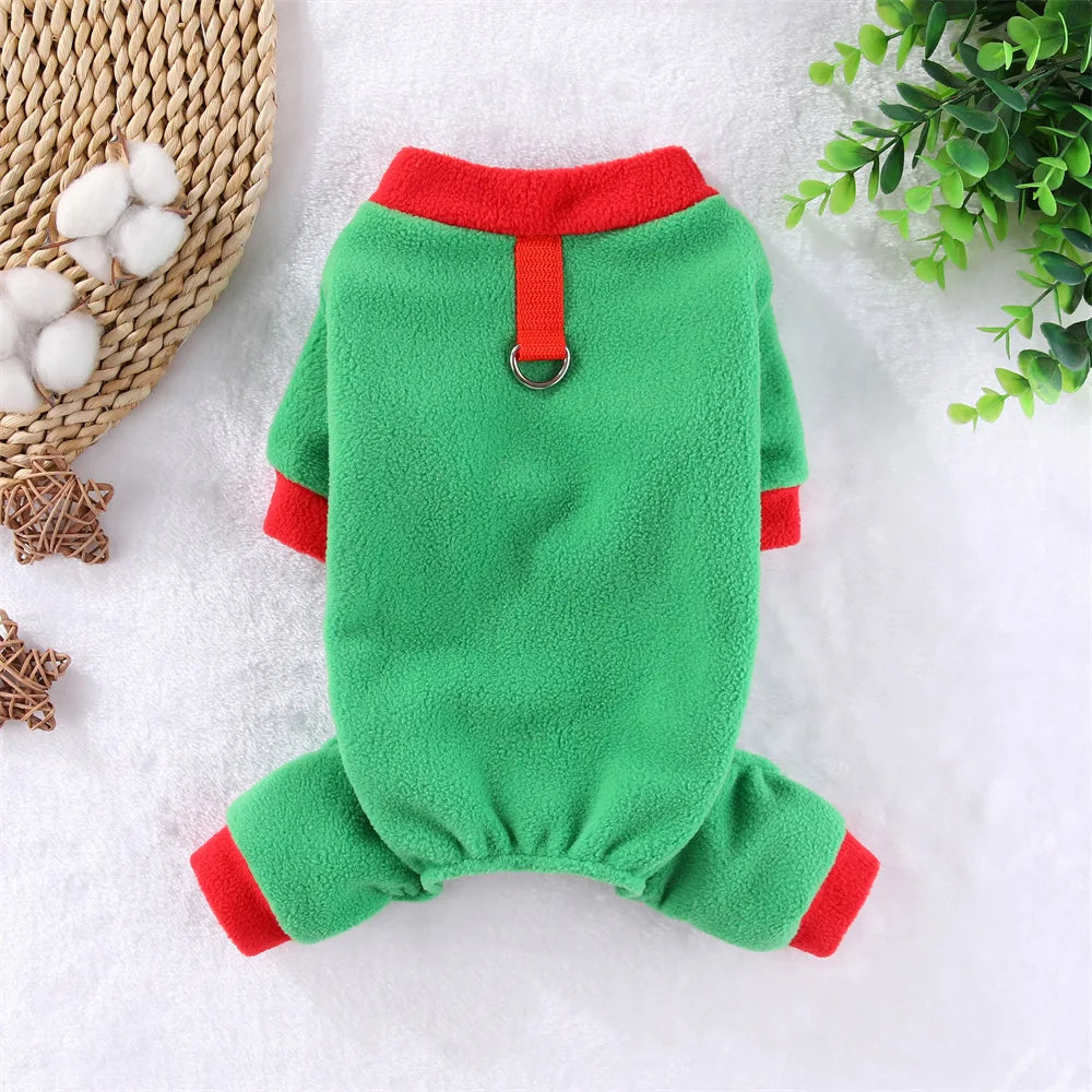 Fleece Dog Jumpsuit Hoodie with Leash Ring — Warm Winter Coat for Dogs & Cats