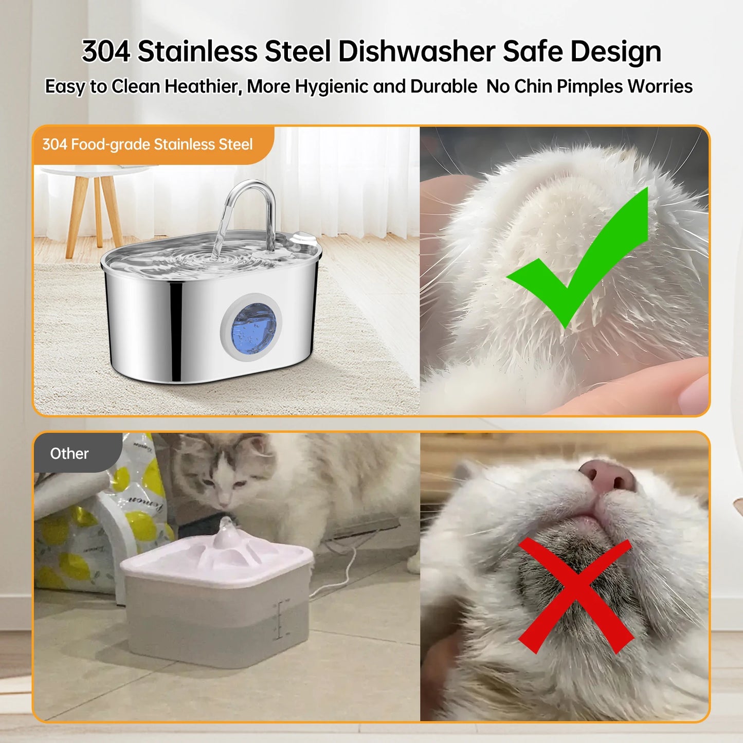 Fontaine à eau pour chat en acier inoxydable, 2,2 litres avec fenêtre de niveau d'eau et pompe à eau silencieuse pour chats et chiots