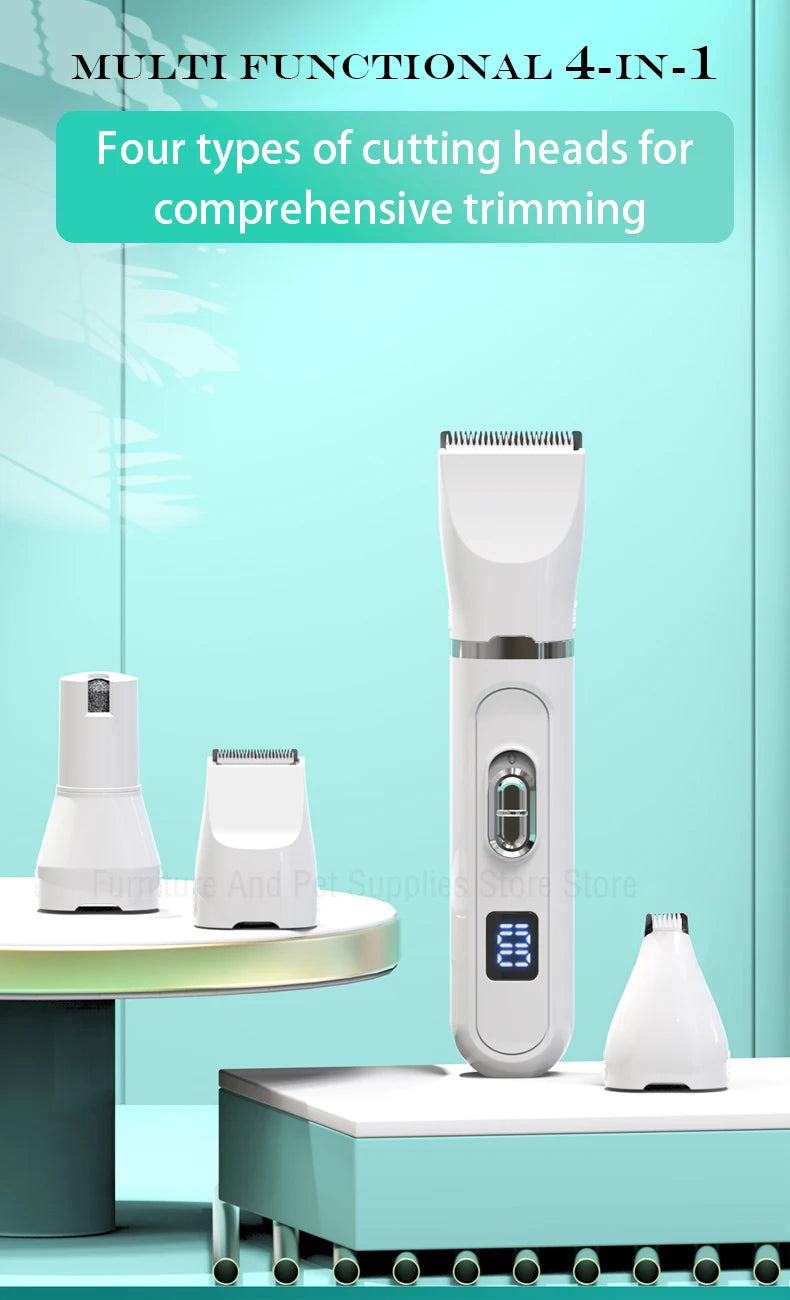 4-in-1 Cordless Pet Grooming Set with 4 Blades — Low Noise Rechargeable Clipper