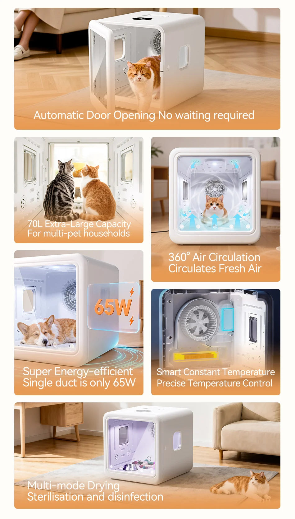 Boîte de séchage intelligente pour animaux de compagnie de 70 L avec séchage à 360° et contrôle automatique de la température