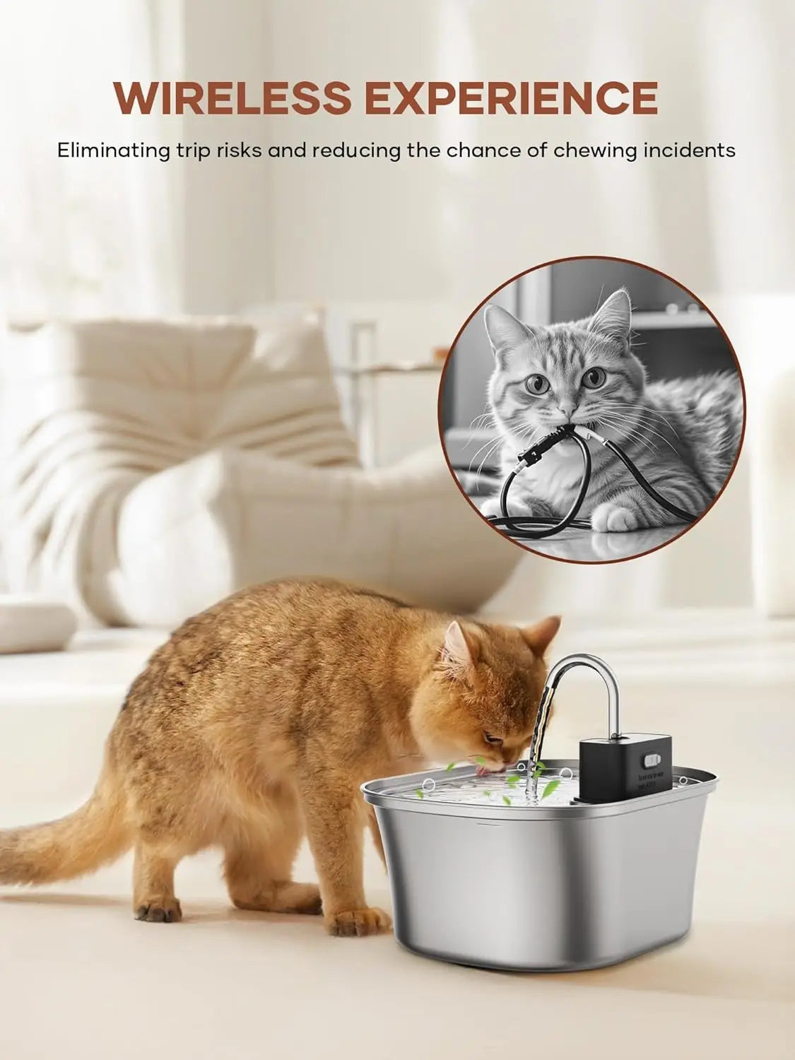 Fontaine à eau pour animaux de compagnie en acier inoxydable de 3,2 L – Recharge sans fil avec fenêtre de niveau d'eau