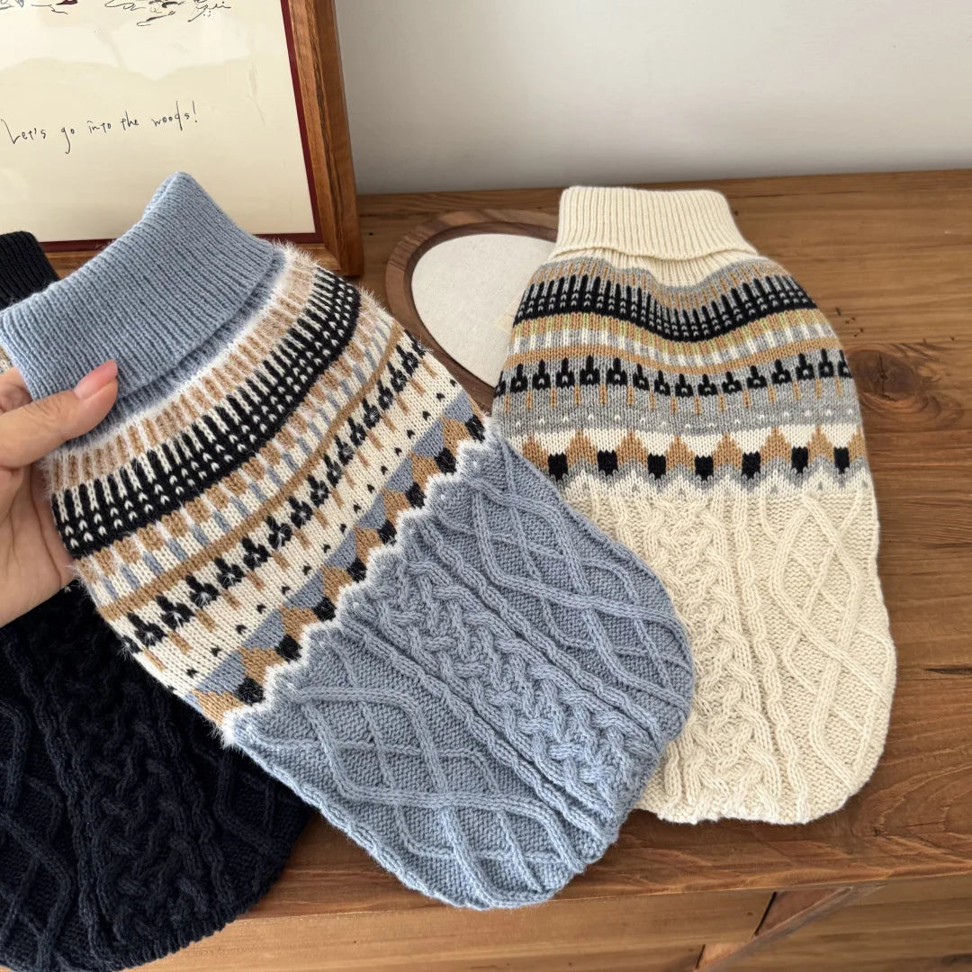Vintage Print Dog Sweater for Small & Medium Dogs — Navy, Blue & Beige