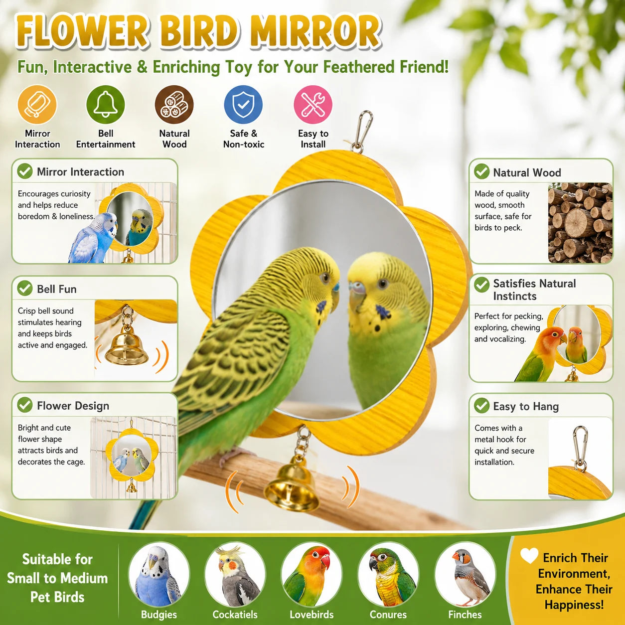 Wooden Flower Mirror Toy with Bell for Parrots & Budgies
