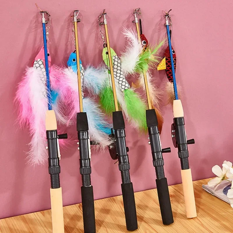 Canne à pêche rétractable pour chat - Baguette télescopique avec plume et leurre de poisson