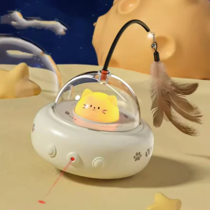 Electric UFO Cat Teaser Toy with Bell & Replaceable Feather