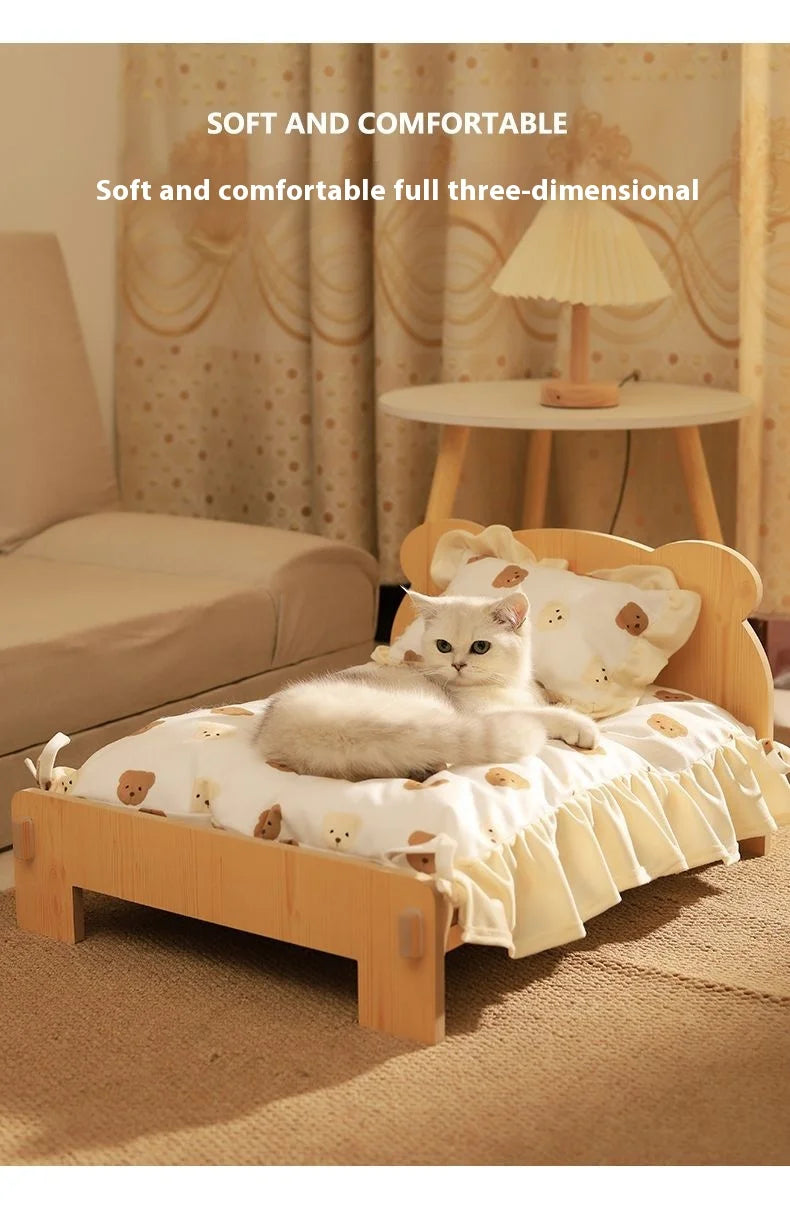 Solid Wood Pet Bed with Removable Washable Mat – All-Season Cat & Dog House