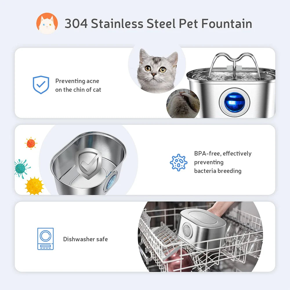 Cat drinking fountain 3.2L stainless steel cat drinking fountain ultra-quiet transparent window pet automatic filtering drinking