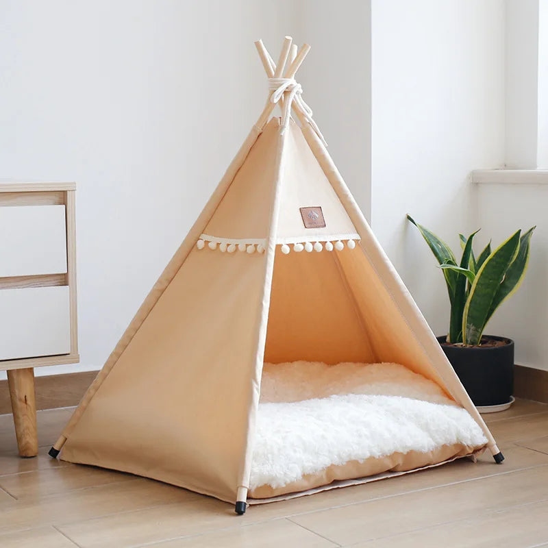 Indoor Pet Teepee Tent Bed with Thick Cushion – Canvas, Washable