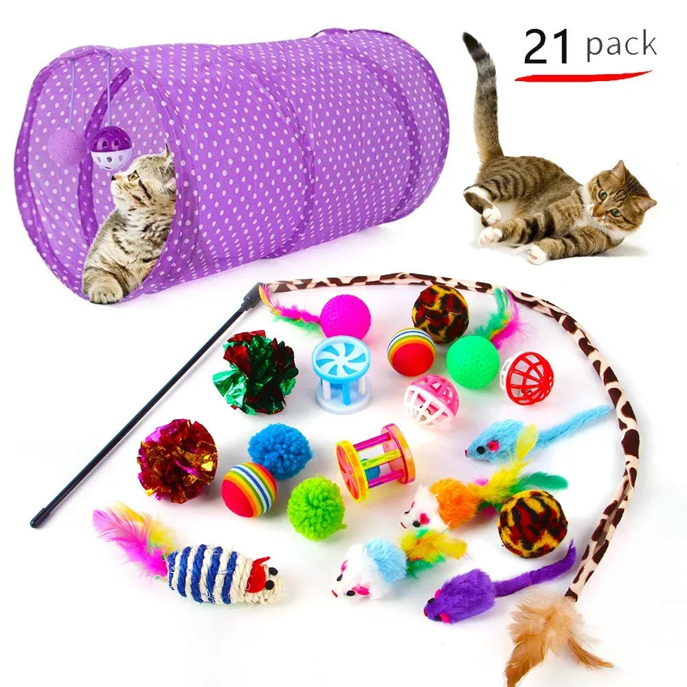 Foldable Cat Play Tunnel with Toys - Interactive Tent for Kittens